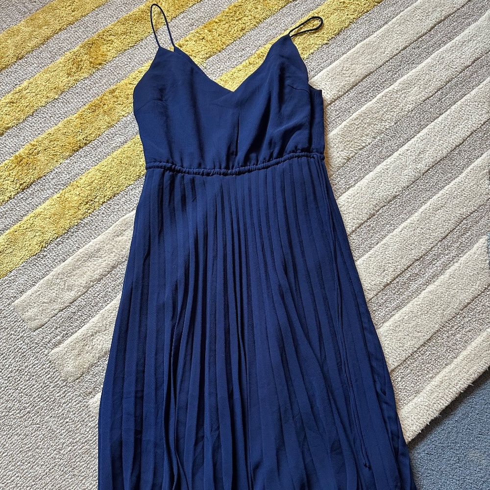 ASOS Design pleated cami midi dress with drawstring waist in navy. US 8.